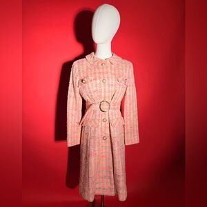 Pink 1960s True Vintage Tweed Belted Coat with Pearl Buttons